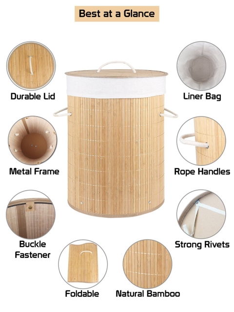 HomeStorie Beige & White Eco-Friendly Foldable Bamboo Laundry Basket Hamper With Lid - Image 5