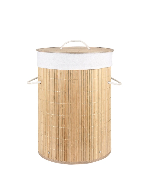 HomeStorie Beige & White Eco-Friendly Foldable Bamboo Laundry Basket Hamper With Lid - Image 2