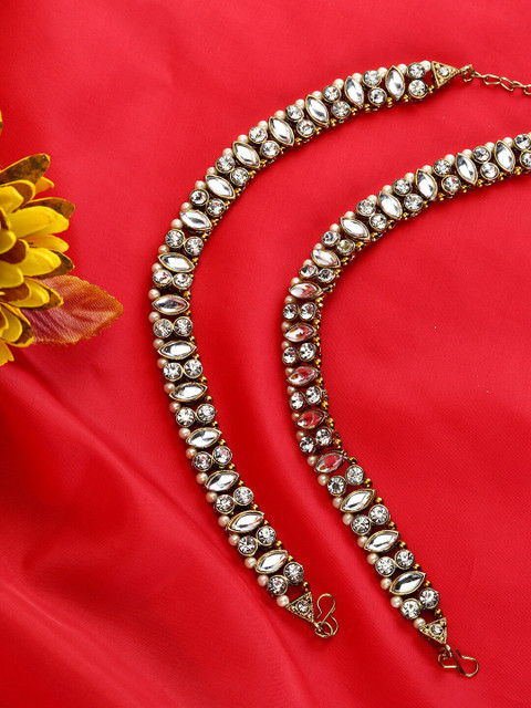 ANIKAS CREATION Set Of 2 Gold-Plated White Kundan-Studded Beaded Vilandi Anklets