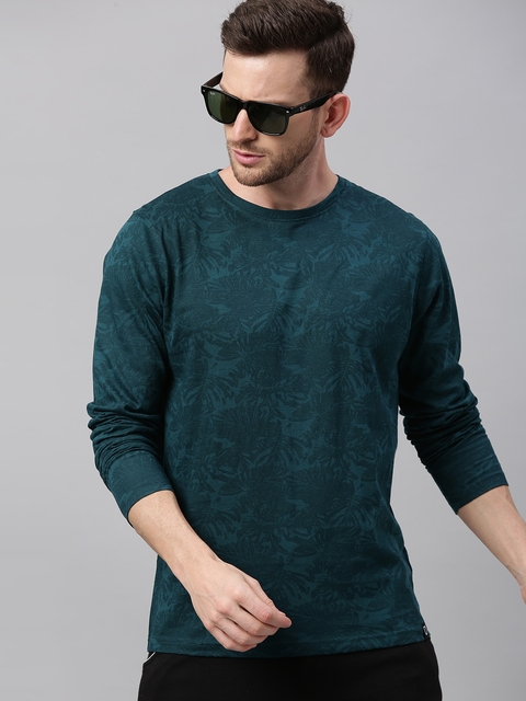 Urbano Fashion Men Teal Green Slim Fit Tropical Printed Pure Cotton T-shirt