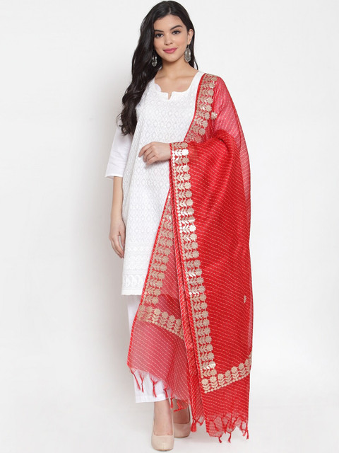 SOUNDARYA Red & Gold-Coloured Striped Pure Cotton Dupatta