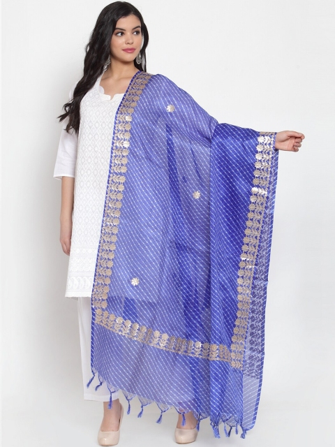SOUNDARYA Blue & Gold-Coloured Striped Cotton Dupatta - Image 2
