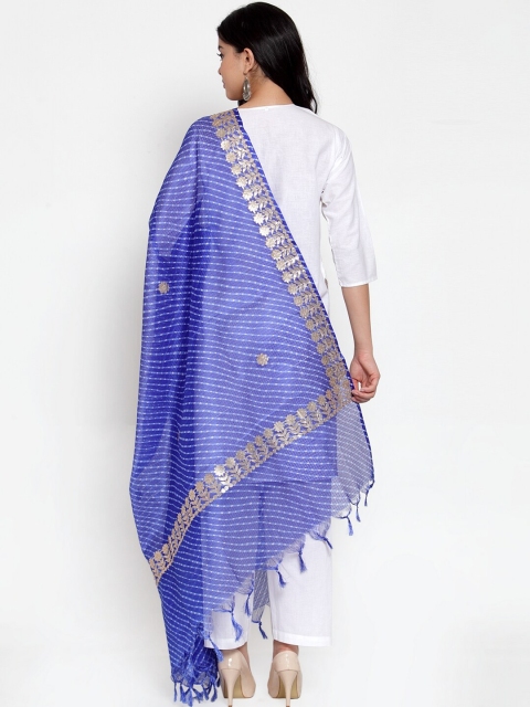 SOUNDARYA Blue & Gold-Coloured Striped Cotton Dupatta - Image 3