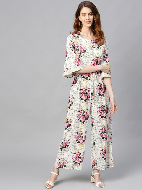 Juniper Women Off-White & Pink Floral Print Basic Jumpsuit