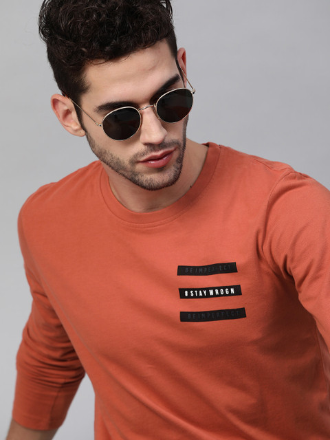 WROGN Men Rust Orange Embossed Print Detail Slim Fit Pure Cotton Round Neck T-shirt