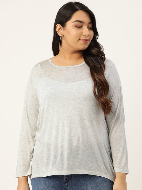 Rute Women Grey Melange Solid Plus Size Round Neck Pure Cotton T-shirt
