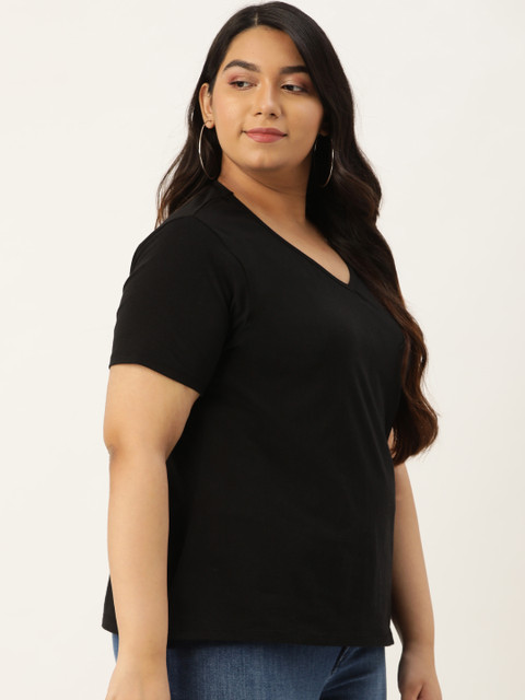 Rute Women Black Solid V-Neck Plus Size T-shirt - Image 3