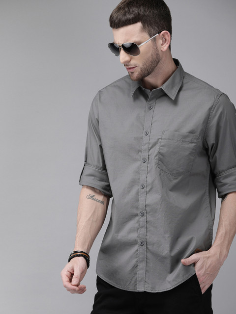 Roadster Men Grey Regular Fit Solid Casual Shirt