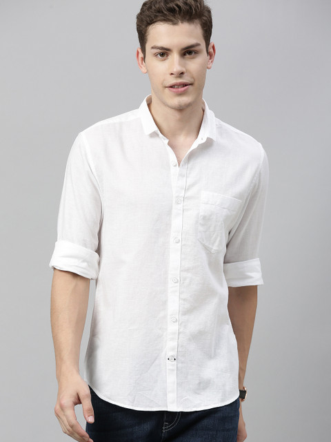Mast & Harbour Men White Casual Linen Shirt