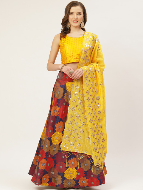 Shaily Navy Blue & Yellow Woven Design Semi-Stitched Lehenga & Blouse with Dupatta