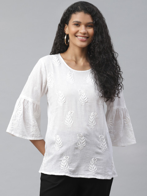 akheri Women Off-White Embroidered Pure Cotton Top