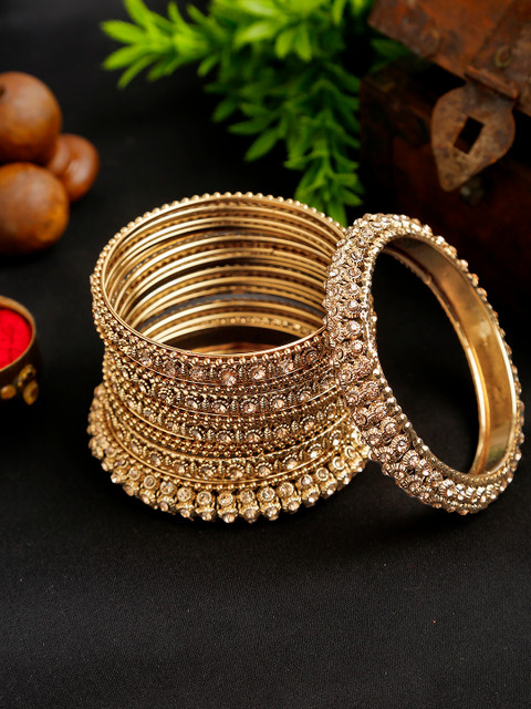 YouBella Set of 14 Antique Gold-Plated Stone-Studded Textured Bangles
