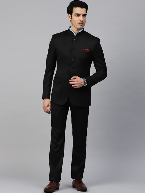 MANQ Men Black Solid Slim Fit Bandhgala Suit