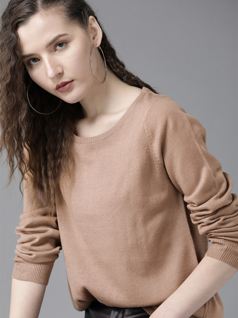 Roadster Women Beige Solid Pullover Sweater