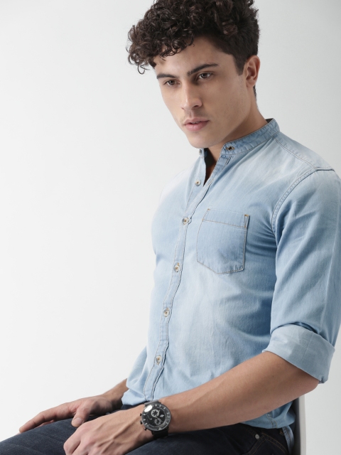 Blue Slim Washed Denim Casual Shirt