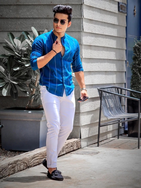 HERE&NOW Men Teal Blue & White Slim Fit Striped Casual Shirt - Image 7