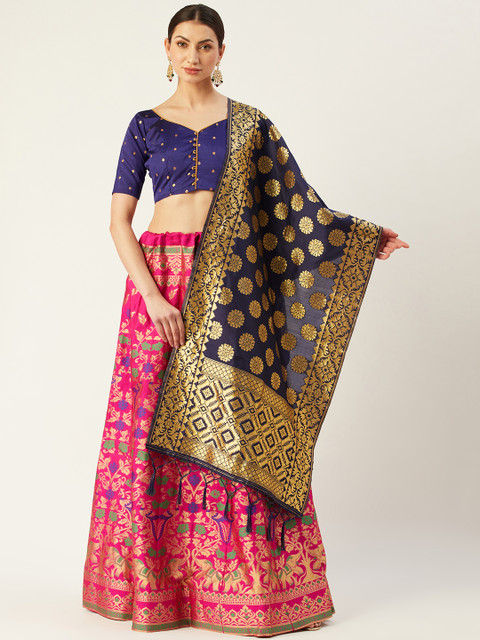 Mitera Pink & Navy Blue Woven Design Semi-Stitched Lehenga & Unstitched Blouse with Dupatta