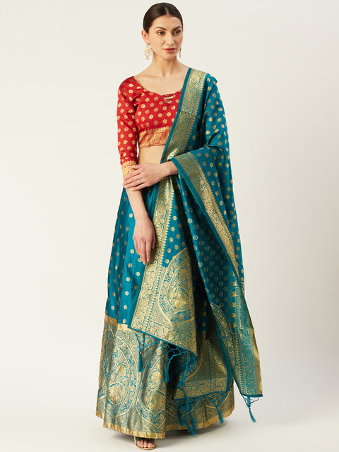 Mitera Turquoise Blue & Red Woven Design Semi-Stitched Lehenga & Unstitched Blouse with Dupatta