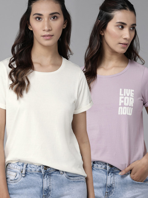 Roadster Women Pack Of 2 Pure Cotton Solid Pure Cotton T-shirts