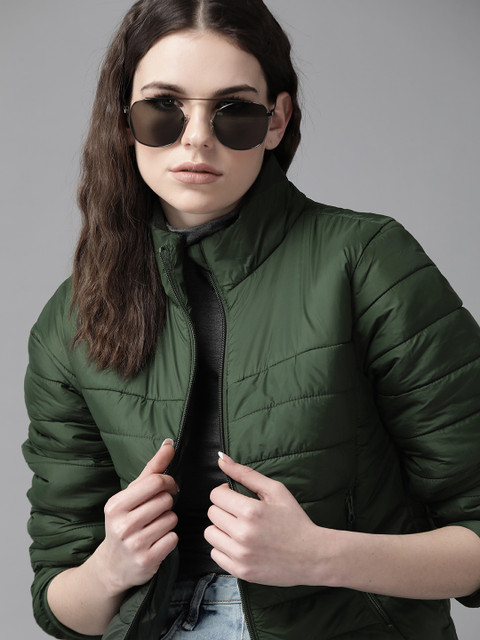 Roadster Women Olive Green Solid Padded Jacket