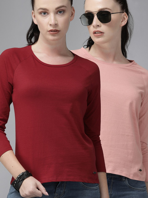 Roadster Women Pack of 2 Maroon Pink Solid Round Neck Cotton T-shirt