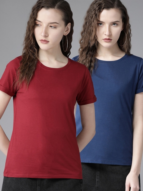 Roadster Women Pack of 2 Solid Round Neck Pure Cotton T-shirt