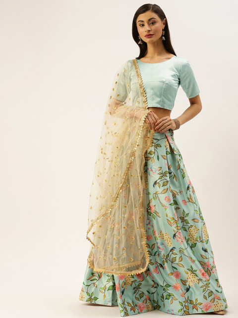 LOOKNBOOK ART Sea Green Printed Semi-Stitched Lehenga & Unstitched Blouse with Dupatta
