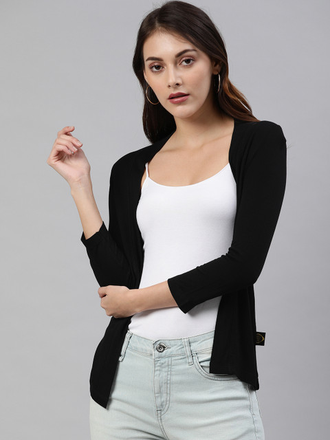 zebu Women Black Solid Open Front Shrug