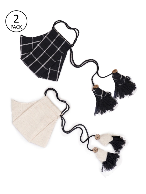 VASTRAMAY Unisex Pack of 2 Pcs Black & Beige Reusable 3-Ply Cloth Masks With Potli Bag