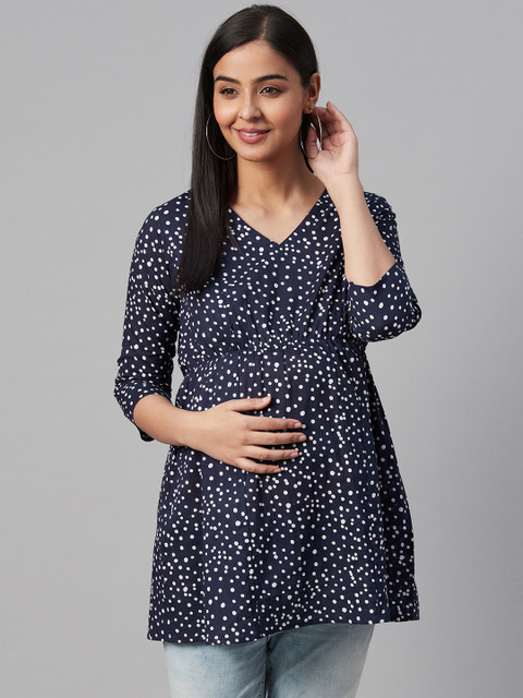 anayna Women Navy Blue & White Ditsy Dots Print Longline Maternity & Nursing Empire Pure Cotton Top