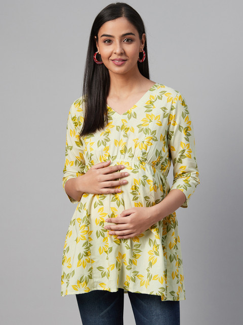 anayna Lime Green & Yellow Leaf Print Longline Maternity & Nursing Empire Pure Cotton Top