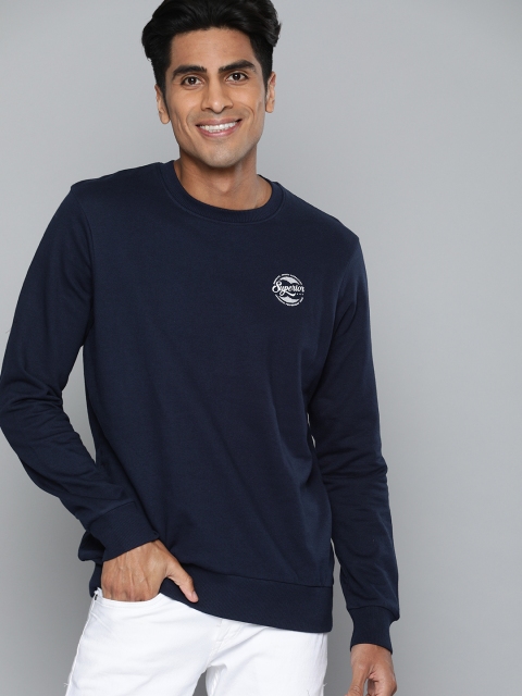 HERE&NOW Men Navy Blue Solid Sweatshirt - Image 3