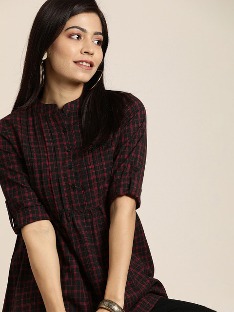 Taavi Women Black Checked Woven Legacy A-Line Top with Gathers