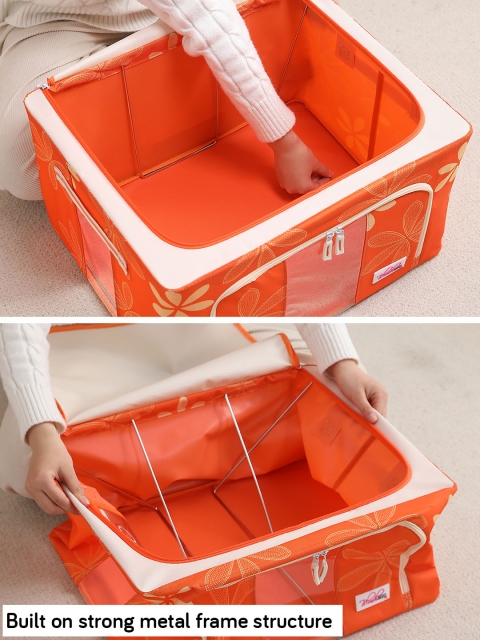 BlushBees Set Of 2 Orange & White Floral Printed Multi-Utility Clothes Storage Boxes - Image 3