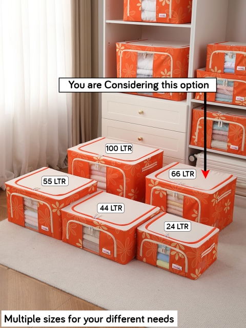 BlushBees Set Of 2 Orange & White Floral Printed Multi-Utility Clothes Storage Boxes - Image 5