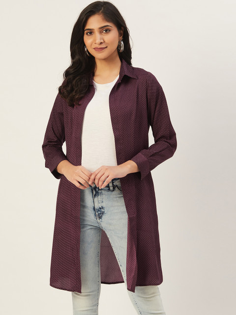 DODO & MOA Women Purple Printed Open Front Longline Shrug