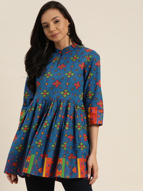 Sangria Women Blue & Green Geometric Print Pure Cotton Longline A-Line Top