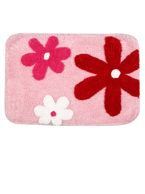 Saral Home Pink & Red Floral Self-Design Cotton Anti-Skid 110 GSM Bath Rug - Image 2