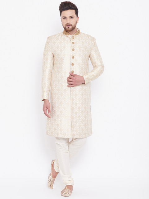 VASTRAMAY Men Cream-Coloured & Gold-Coloured Brocade Zardozi Woven Design Sherwani Set