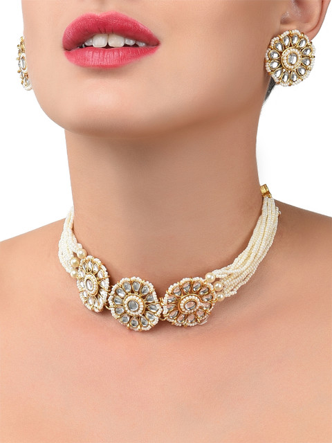 Zaveri Pearls Gold-Plated & White Kundan & Pearls Studded Multistrand Choker Jewellery Set