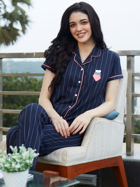 Zeyo Women Navy Blue & White Striped Night suit