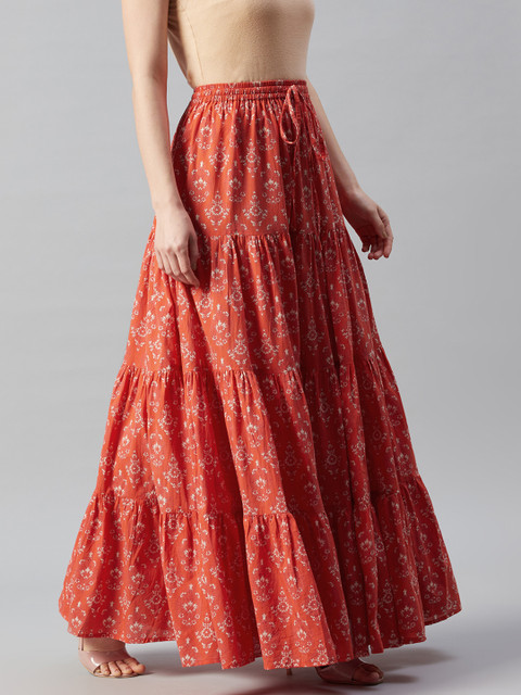 anayna Women Orange & Off-White Floral Print Flared Tiered Maxi Pure Cotton Skirt - Image 3