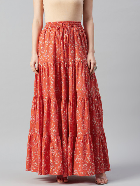 anayna Women Orange & Off-White Floral Print Flared Tiered Maxi Pure Cotton Skirt - Image 2