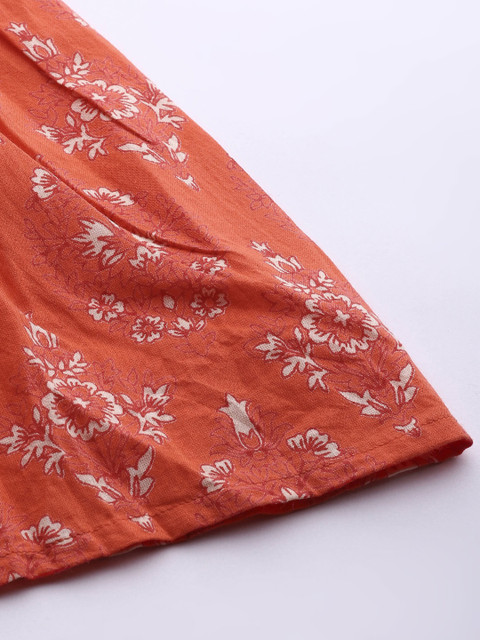 anayna Women Orange & Off-White Floral Print Flared Tiered Maxi Pure Cotton Skirt - Image 7