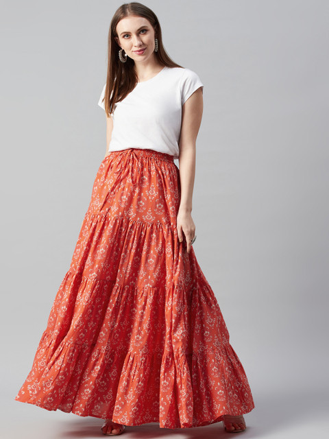 anayna Women Orange & Off-White Floral Print Flared Tiered Maxi Pure Cotton Skirt - Image 5