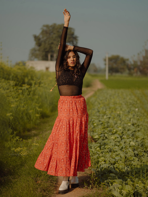 anayna Women Orange & Off-White Floral Print Flared Tiered Maxi Pure Cotton Skirt