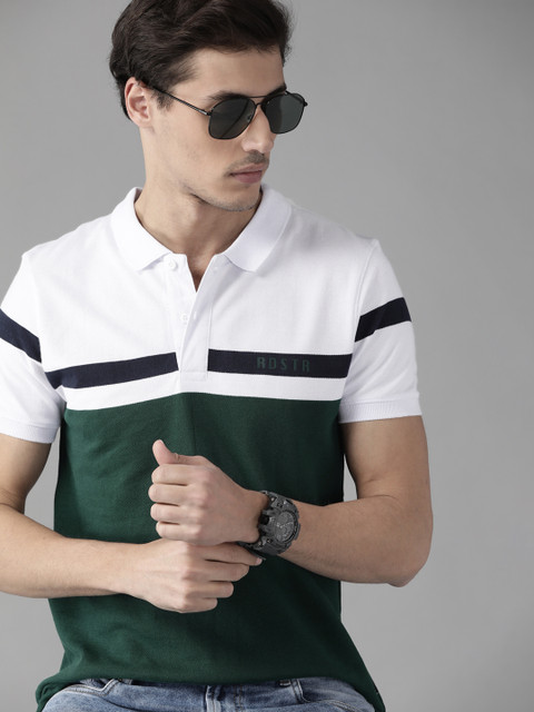 Roadster Men Green & White Cotton Colourblocked Polo Collar T-shirt