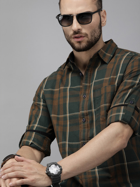Roadster Men Olive & Brown Checked Casual Shirt