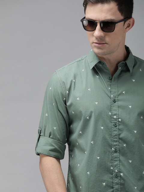 Roadster Men Teal Green & White Regular Fit Printed Casual Shirt