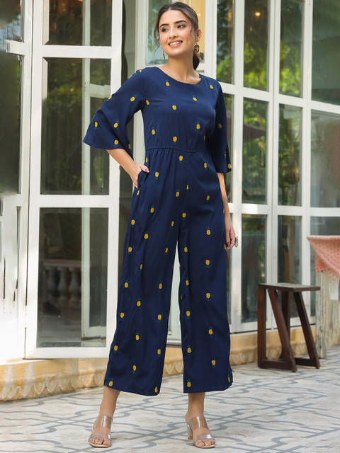 Juniper Women Navy Blue & Mustard Yellow Pineapple Embroidered Basic Jumpsuit